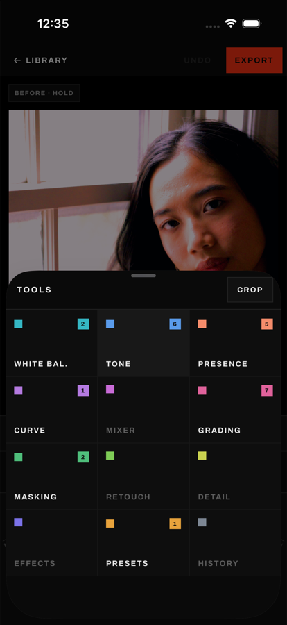 Lumen on iPhone: a color-coded tool grid with White Balance, Tone, Presence, Curve, Mixer, Grading, Masking, Retouch, Detail, Effects, Presets and History.